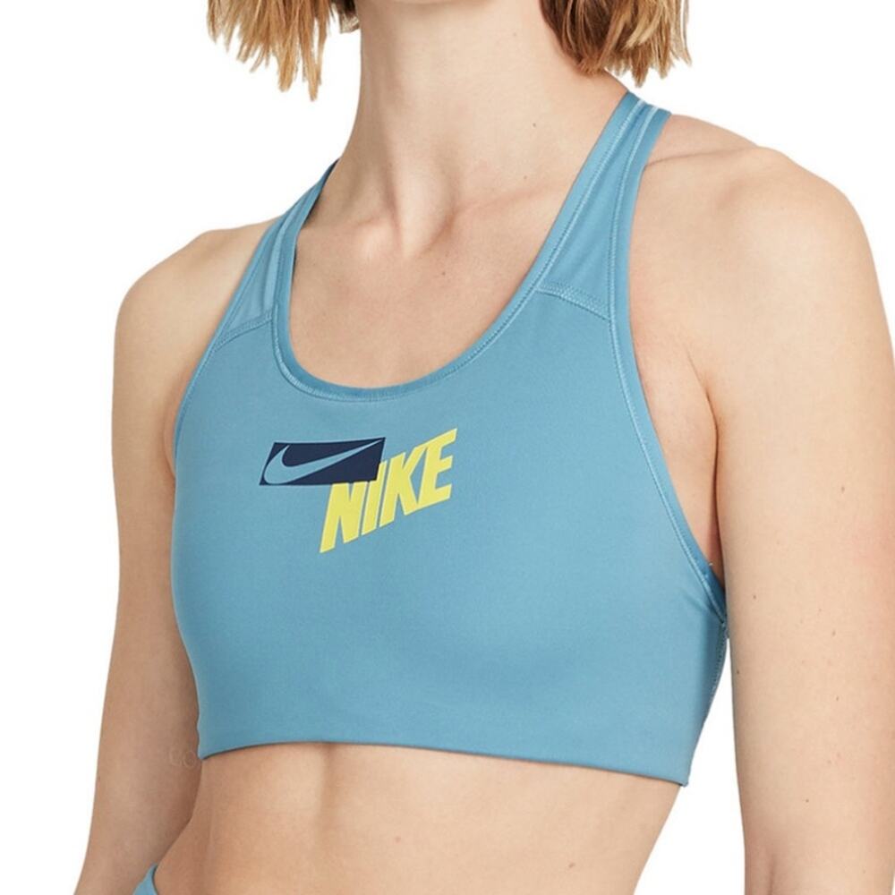 NWT Nike Logo Racerback Medium Support Sports Bra Padded. Blue Dri-Fit Women’s S